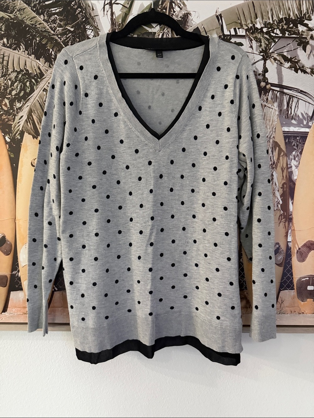 Lane Bryant Polka Dot V-Neck Sweater - Gray with Black Trim